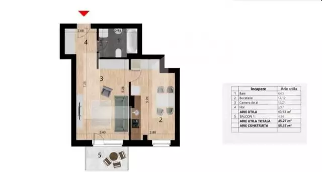 Apartament tip studio, 41 mp, etaj intermediar, zona Golden Tulip