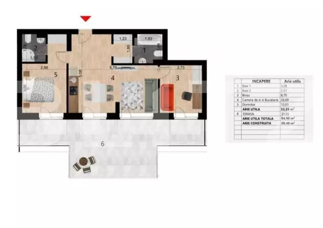 Apartament 3 camere, 53 mp, terasa 31mp, imobil nou, cartierul Zorilor