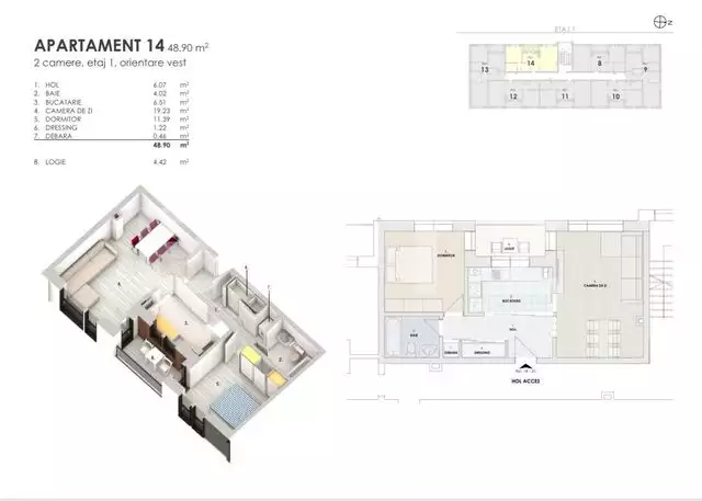 Apartament 2 camere, 49 mp, balcon, zona Somesului