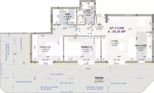 Apartament 3 camere, 69 mp, terasa, zona exclusivista Eroilor
