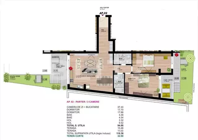 Apartament 3 camere, 116,36,  2 terase , zona Brancoveanu