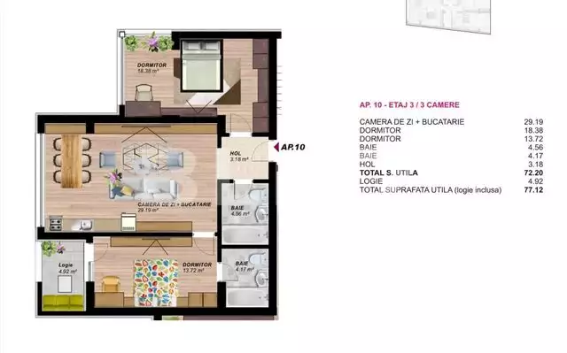 Apartament 3 camere, 77,12 mp, zona Brancoveanu