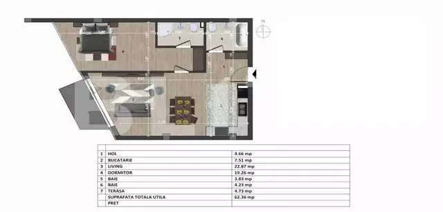 Apartament 2 camere, 62 mp, 2 bai, etaj intermediar, imobil nou