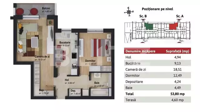 Apartament de 2 camere, 54 mp, zona Tractorul