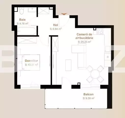 Apartament 2 camere cu CF, 49,92 mp + balcon 9,39, zona Vivo