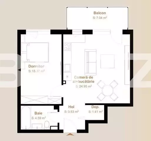 Apartament 2 camere finisat cu CF, 49,85 mp + balcon 7,04, zona Vivo