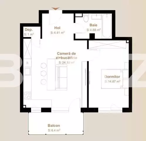 Apartament 2 camere, 49,34 mp + balcon 6,40, zona Vivo
