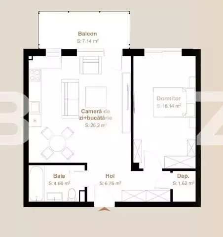 Apartament 2 camere, 54,38 mp + balcon 7,14 mp, zona Vivo