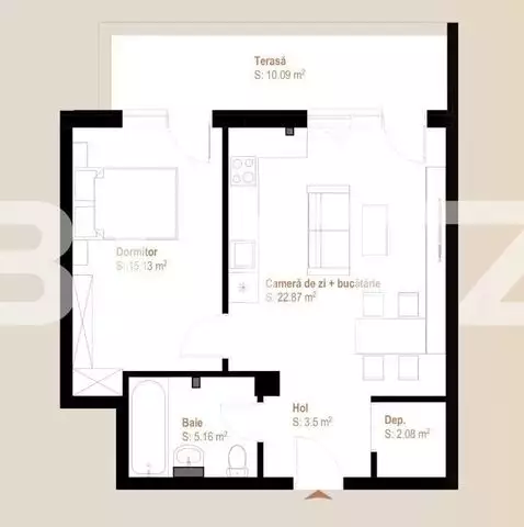 Apartament 2 camere, 48,74 mp + balcon 10,09 mp, zona Vivo