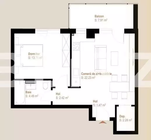 Apartament 2 camere, 49 mp + balcon 8 mp, zona Vivo