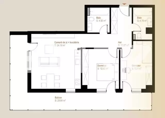 Apartament 3 camere, etaj intermediar 65.2 mp + balcon 7.5 mp, zona Vivo