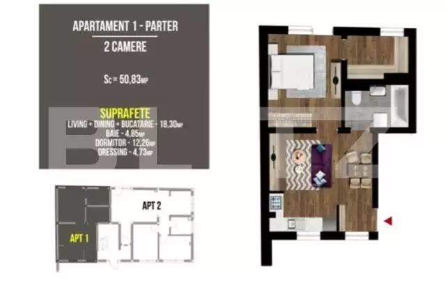 Apartament 2 camere, semifinisat, 50,83 mp, acces la gradina privata