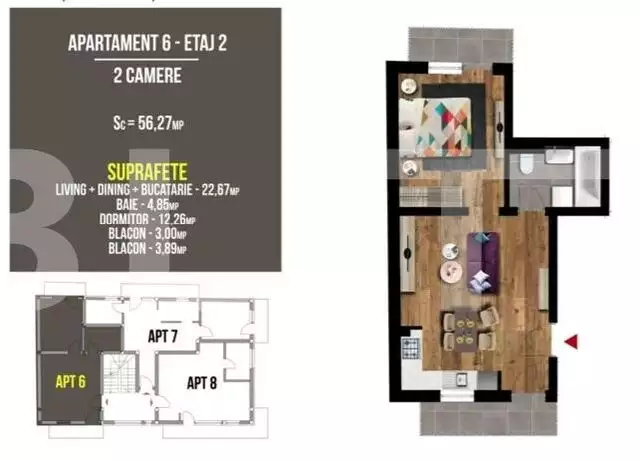Apartament 2 camere, semifinisat, 56,27 mp, 2 balcoane, zona Terra