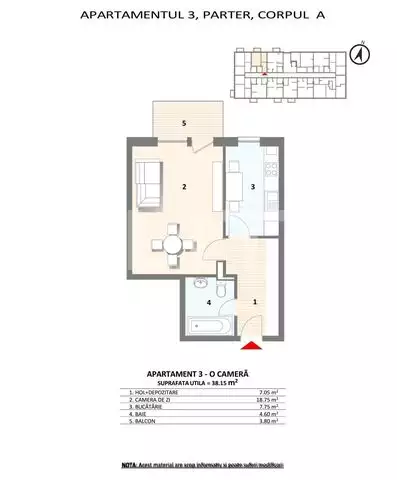 Apartament 1 camera, 38.25 mp, balcon,  etajul 1, Zorilor