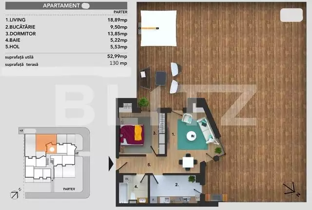 Oportunitate! Apartament de 2 camere, finisat, 53 mp utili cu terasa 130 mp in Buna Ziua