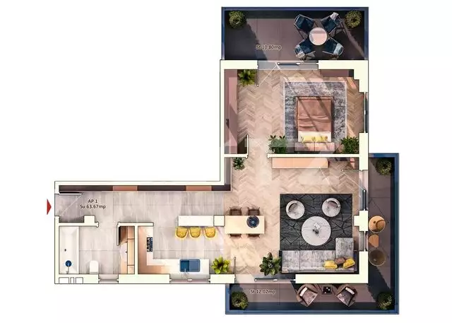 Apartament 2 camere, 64 mp, 23 mp balcon, parcare subterana