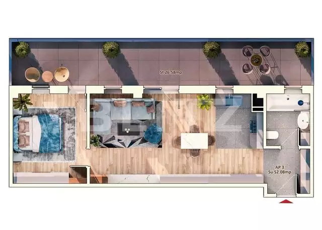 Apartament 2 camere, 52 mp, 26,6 mp balcon, parcare subterana