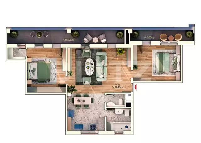 Apartament 3 camere, 2 bai, 71 mp, 24 mp balcon, parcare subterana