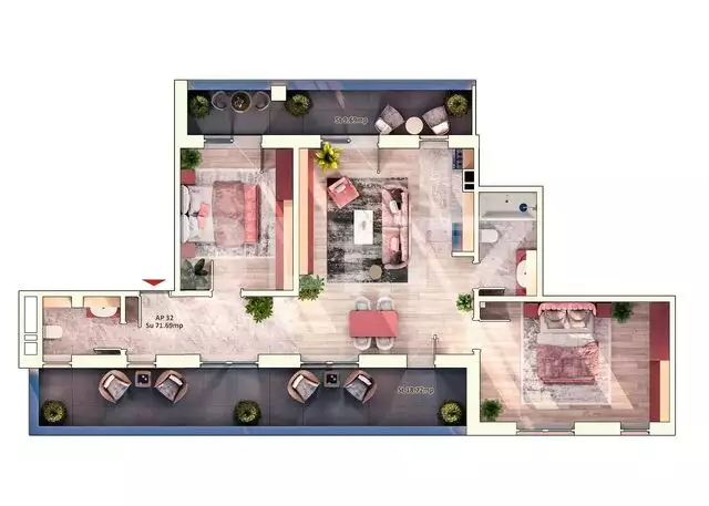 Apartament 3 camere, 2 bai, 71 mp, 28 mp balcon, parcare subterana