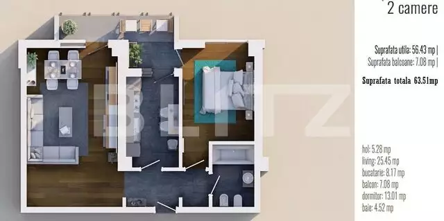 Apartament 2 camere, 63.48 mp, etaj intermediar, zona Energia