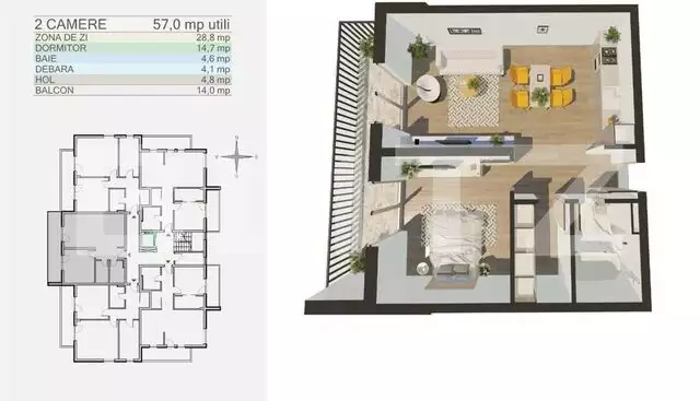 Apartament 2 camere, open-space, 57 mp, balcon, Bartolomeu