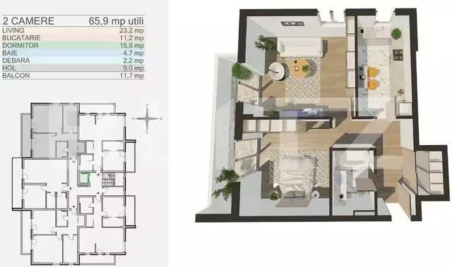 Apartament 2 camere, decomandat, 66 mp, 11 mp balcon, Bartolomeu