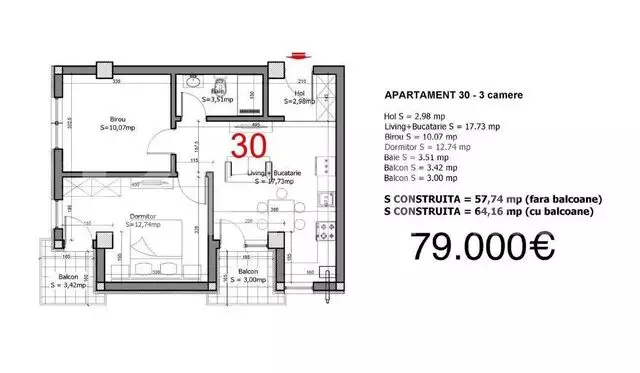 Apartament de 3 camere, 57 MP, in zona Tunari