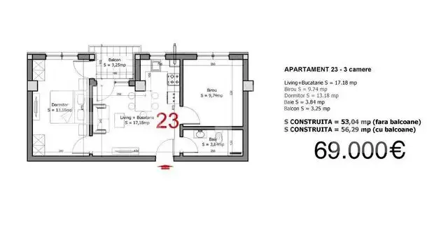 Apartament de 3 camere, 53 MP, in zona Tunari