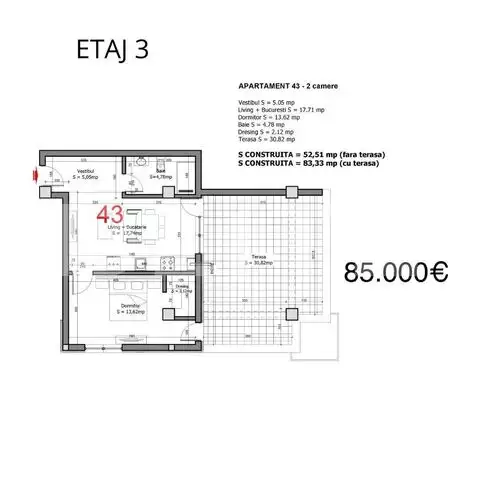 Apartament 2 camere, 52 mp, terasă 30 mp, zona Tunari