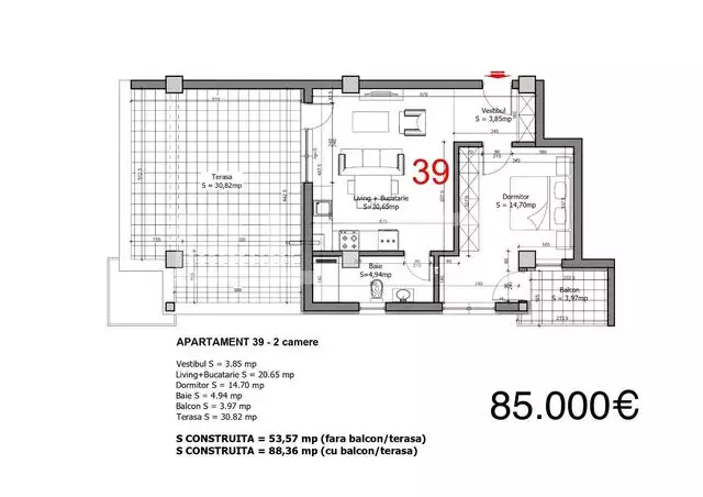 Apartament 2 camere, 54 mp, terasă 30 mp, zona Tunari