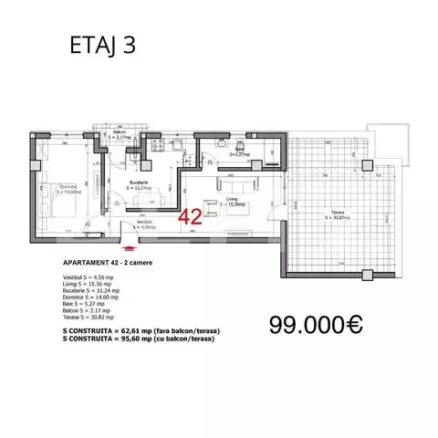 Apartament 2 camere, 63 mp, terasă 30 mp, zona Tunari