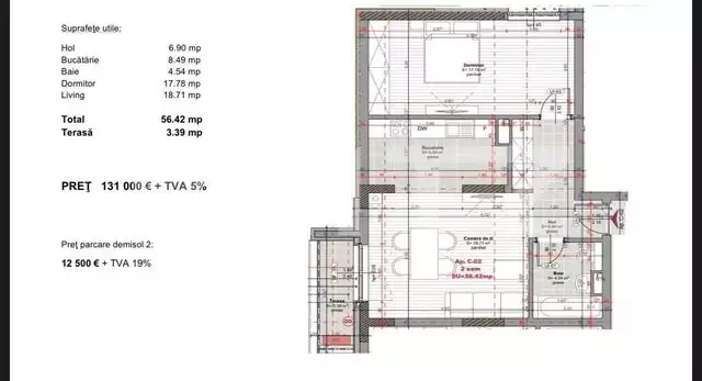 Apartament 2 camere, 56 mp, terasa, zona Iulius Mall