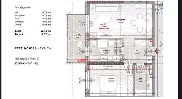 Apartament 2 camere, decomandat, 53 mp, terasa, zona Iulius Mall