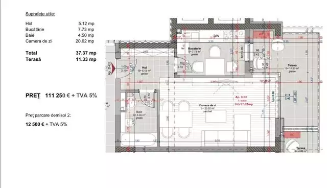 Apartament 1 camera, terasa generoasa, 37 mp, zona Iulius Mall