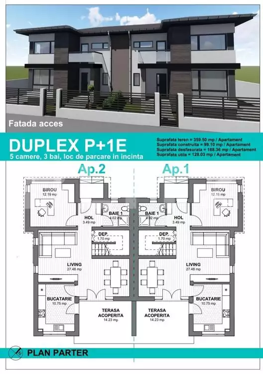 Duplex separate prin spaţiu de 20cm izolat, şi structură de rezistenţă proprie, 130 mp utili 360 mp teren