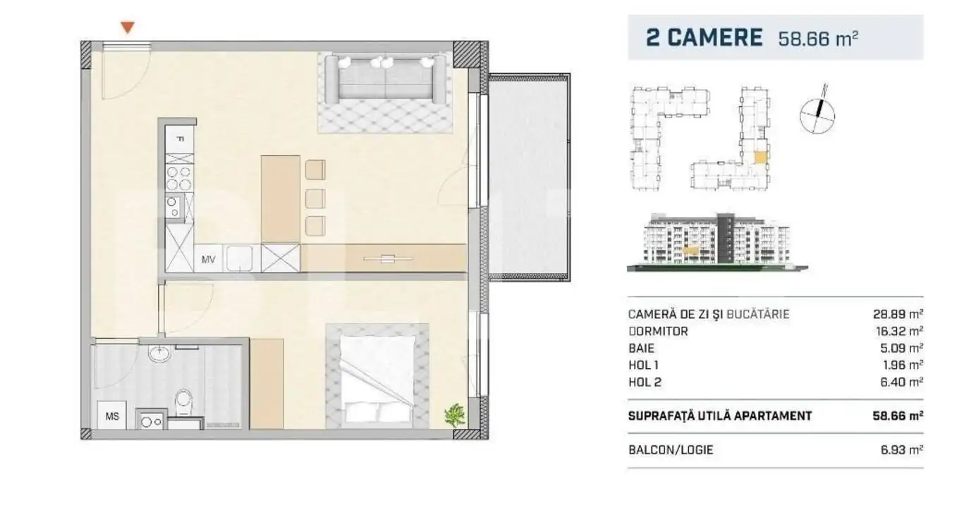 Apartament 2 camere, orientare estica, finisat, zona SEMICENTRALA