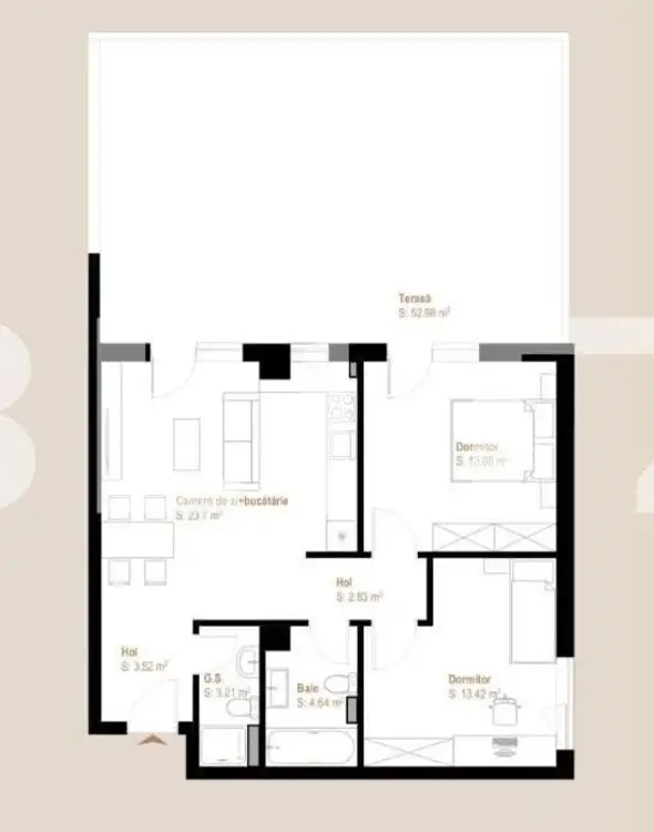 Apartament 3 camere, 65,20 mp + terasa 52,98 mp, zona Vivo