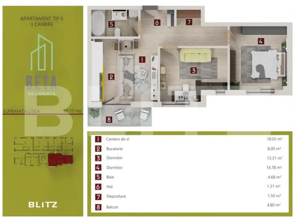 Apartament 3 camere, semifinisat, TVA Inclus, ansamblul Beta Residence 