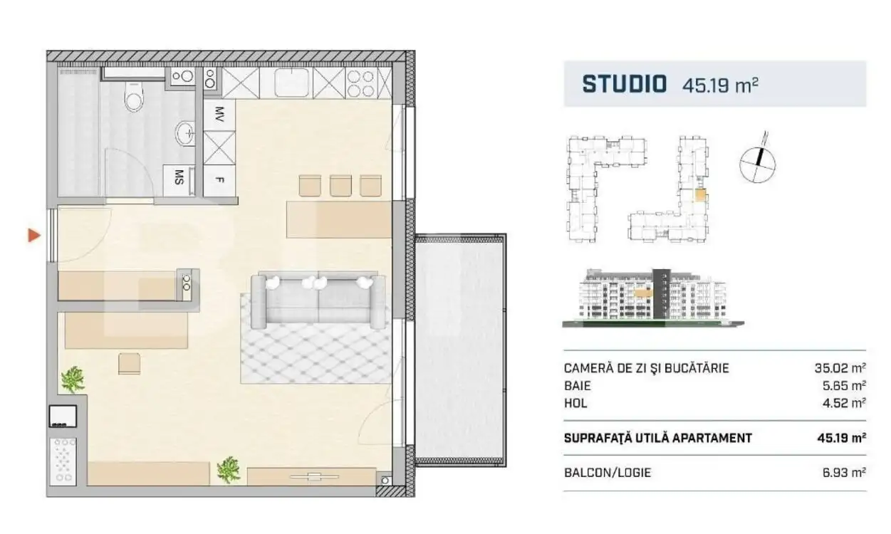 Apartament 2 camere, 45 mp, zona semicentrala
