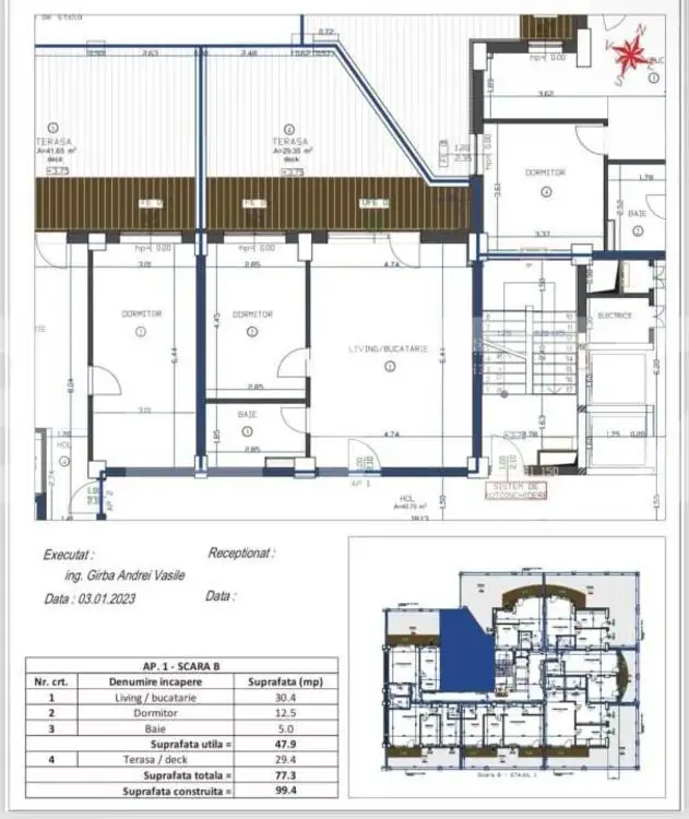 Apartament de 2 camere, terasa de 42 mp, cartier Luceafarul