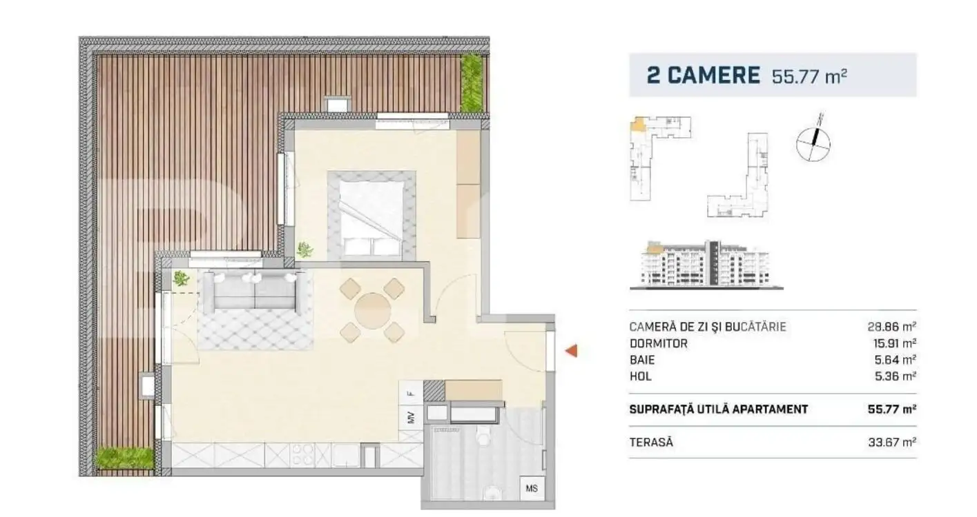 Apartament 2 camere, terasa generoasa, zona SEMICENTRALA