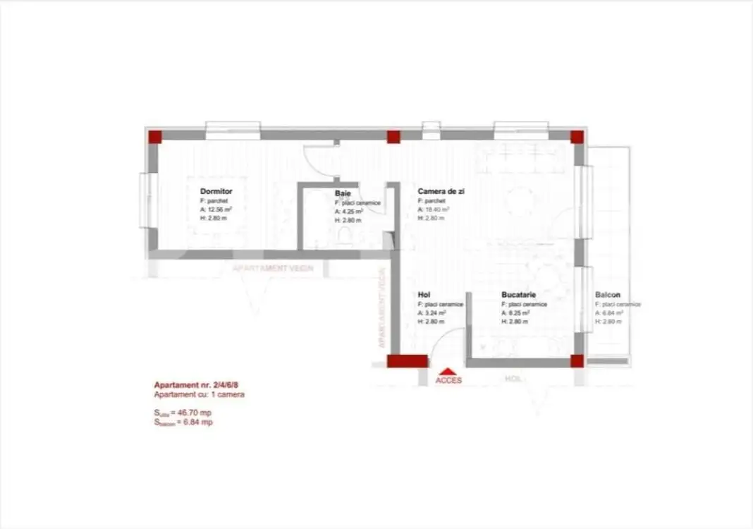 Apartament 2 camere ,47mp semifinisat,  Marasti