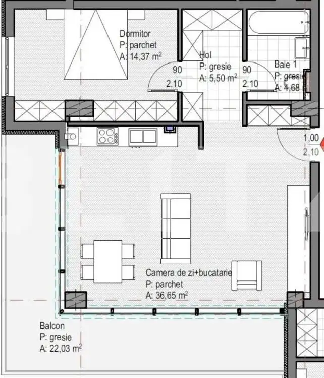 Apartament 2 camere finisat, 61 mp utili, balcon 22 mp, etaj intermediar, Sopor!
