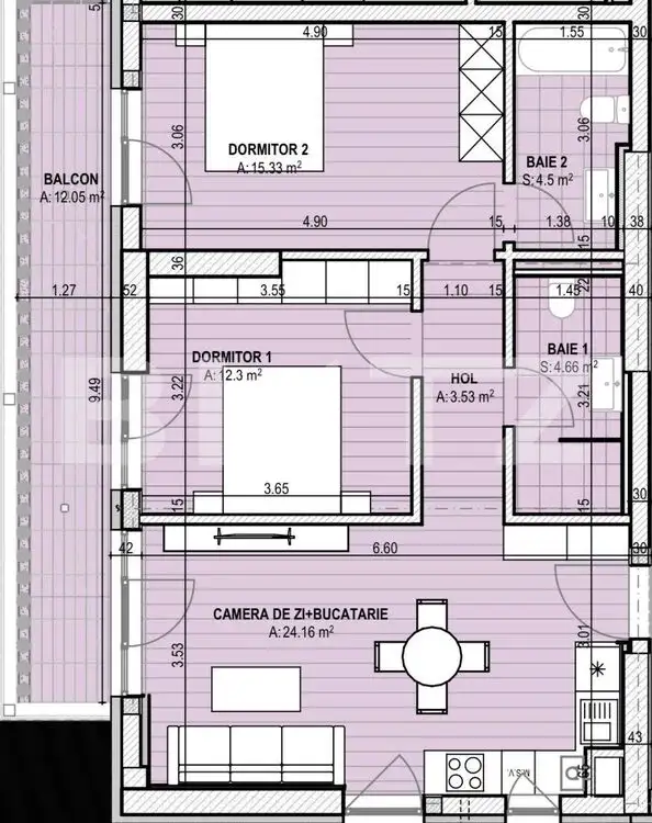 Apartament 3 camere, 76.53mp, cartierul Brazda