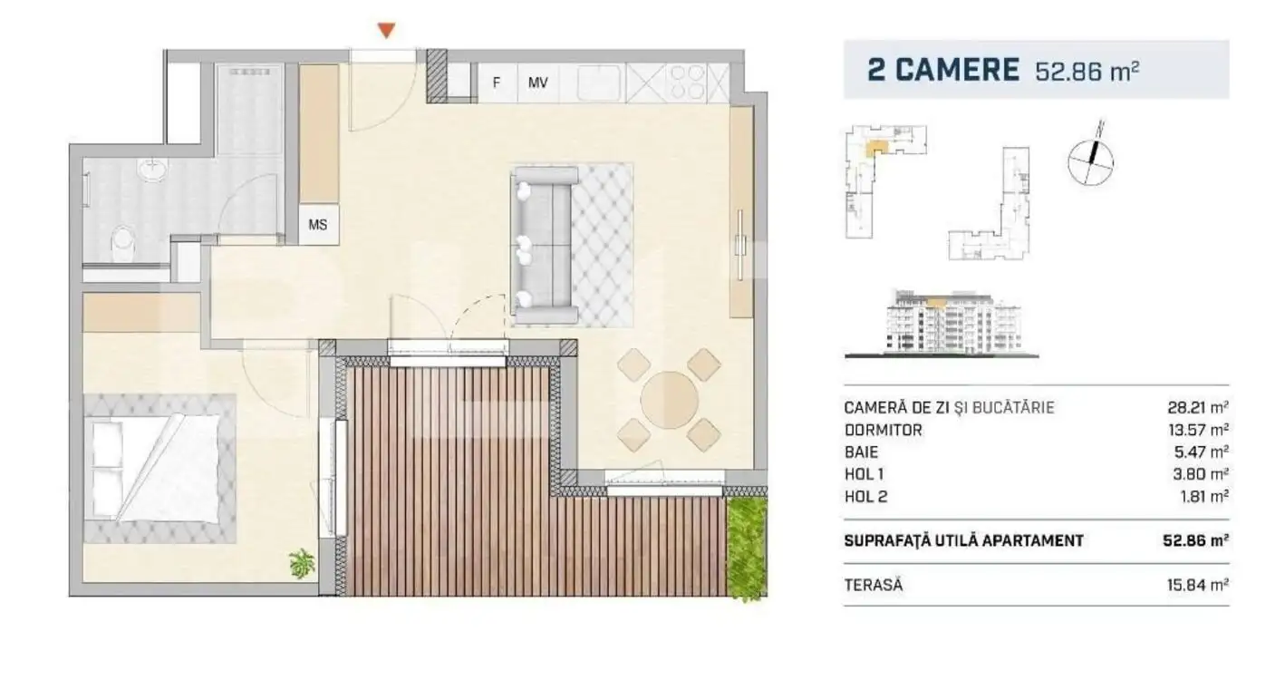 Apartament 2 camere finisat lux, terasa, SEMICENTRAL