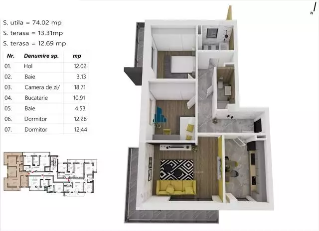Apartament 3 camere, S-74 mp. + 2 terase (26mp.), zona LIDL