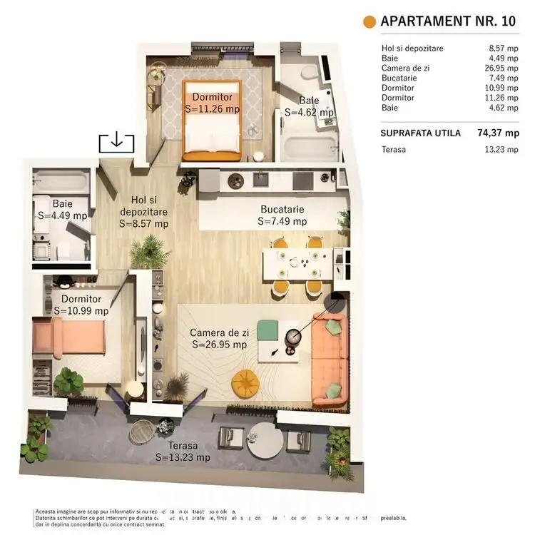 Apartament 3 camere, S-74mp+13mp terasa, bloc nou, Centru