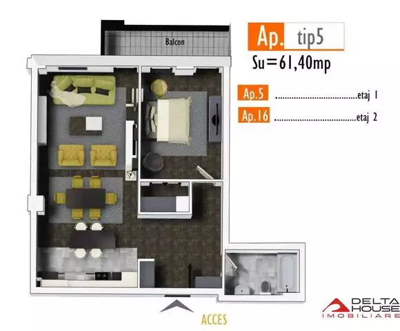 Apartament 2 camere Marasti, 61 mp utili, etaj 1, semifinisat