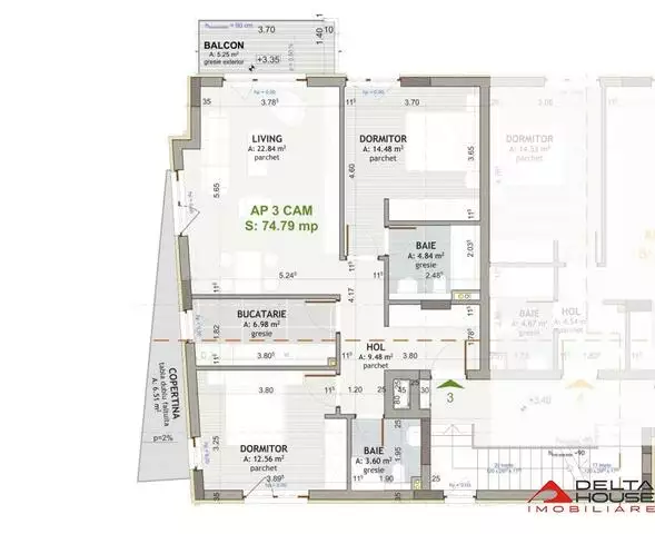 Apartament 3 camere Borhanci, 75 mp, decomandat, etaj 1, semifinisat