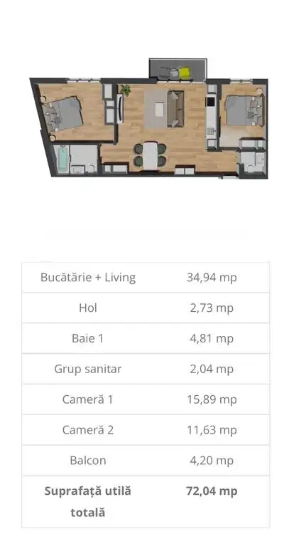 Apartament 3 camere, etaj 2, 72mp utili, parcare subterana, zona Vivo